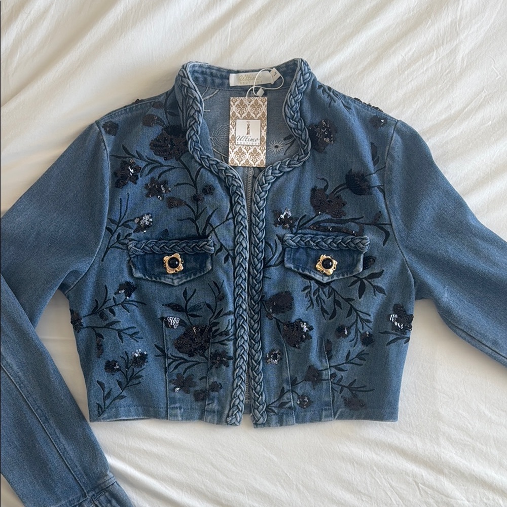 Cropped Blue Jean Jacket with Embroidery